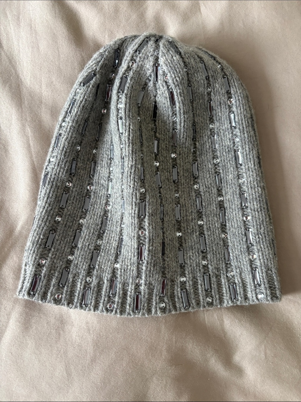 Club Monaco Light Gray Ribbed Knit Beanie with Sequin Strips